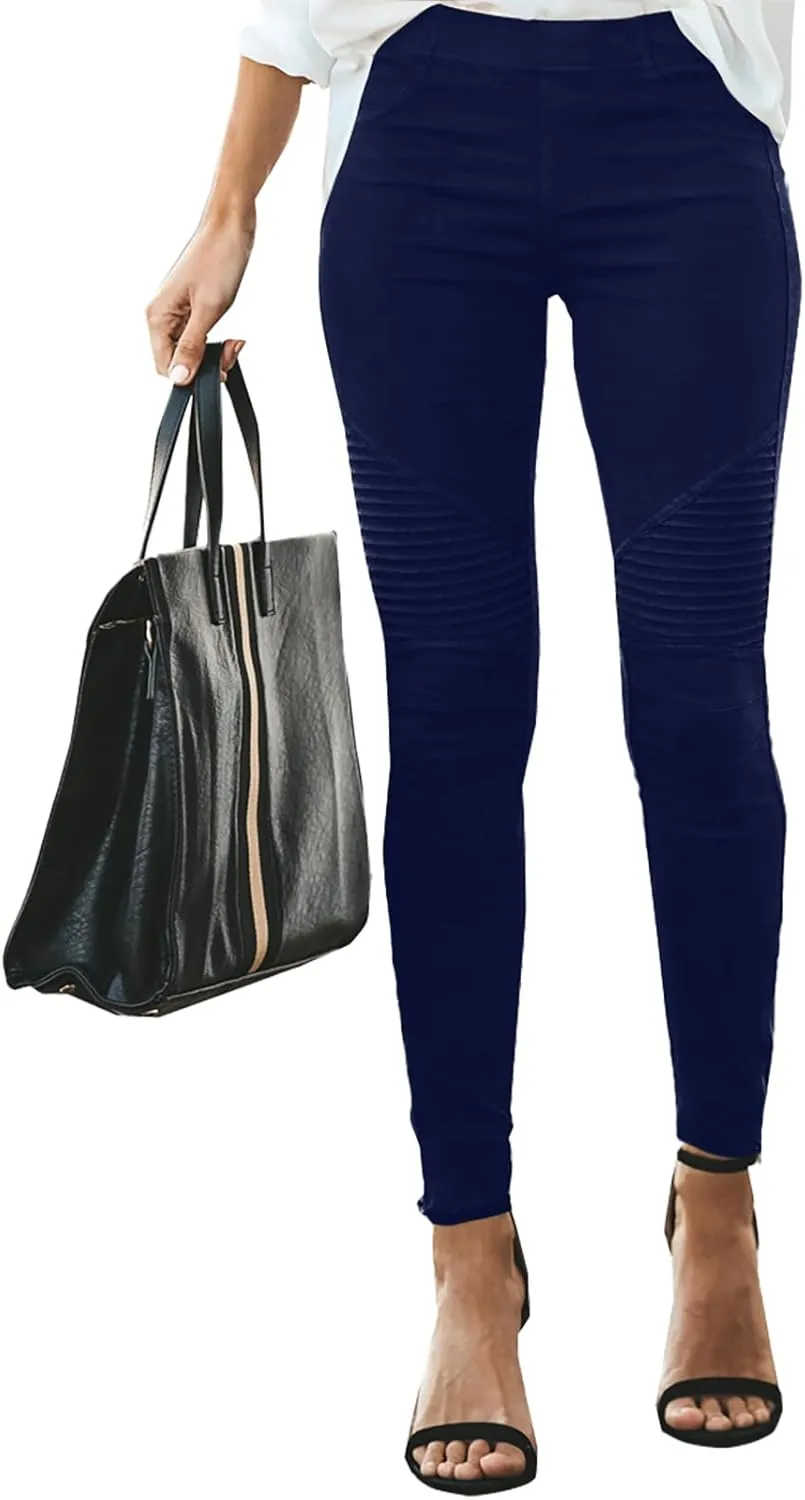eoeioa Plus Size Leggings with Pockets for Women High Waisted Stretch Skinny Zipper Cropped Pencil Pants Stripe Tights Pants