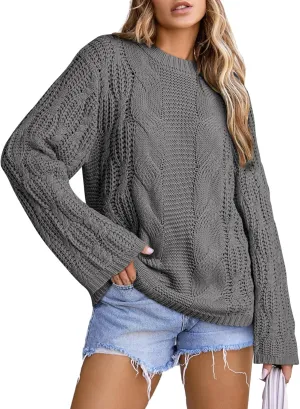 EVALESS Sweaters for Women 2024 Trendy Casual Crewneck Long Sleeve Cable Knit Pullover Sweaters Tops Fall Clothes