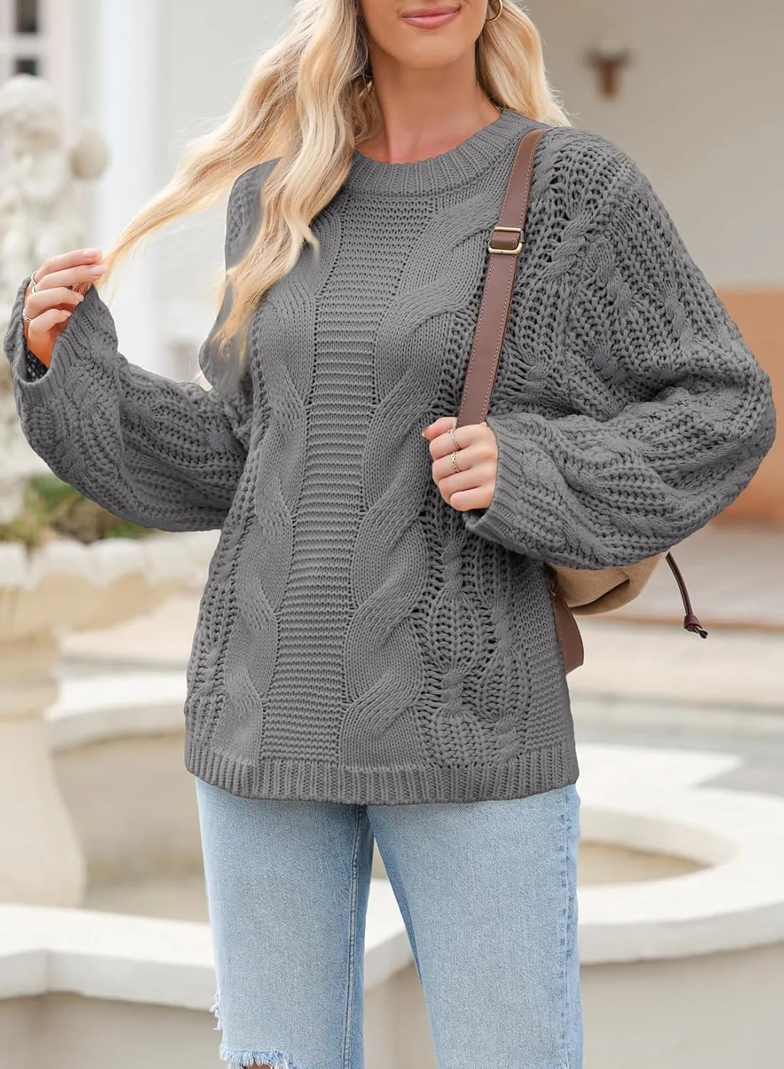 EVALESS Sweaters for Women 2024 Trendy Casual Crewneck Long Sleeve Cable Knit Pullover Sweaters Tops Fall Clothes