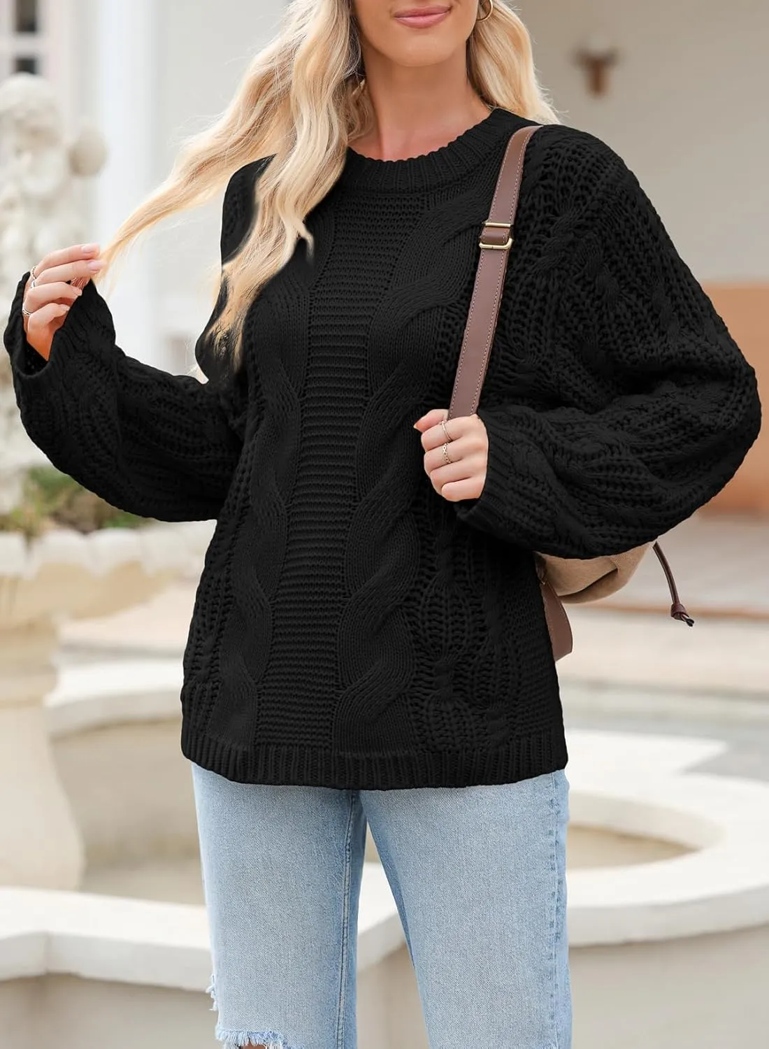 EVALESS Sweaters for Women 2024 Trendy Casual Crewneck Long Sleeve Cable Knit Pullover Sweaters Tops Fall Clothes