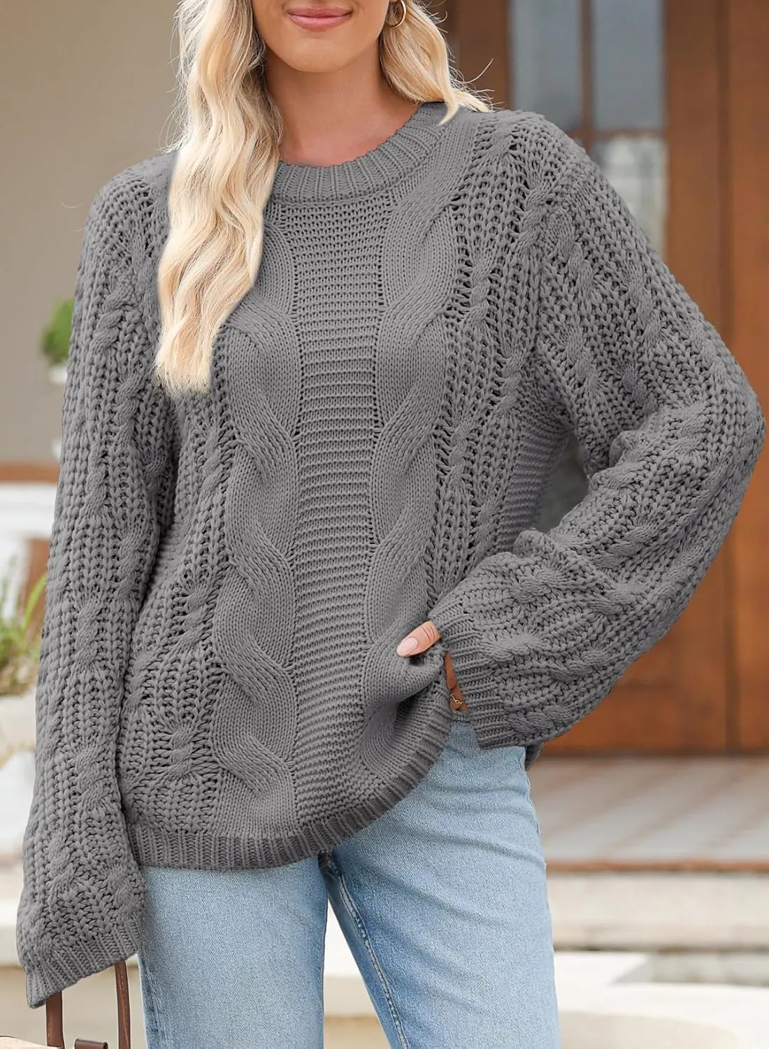 EVALESS Sweaters for Women 2024 Trendy Casual Crewneck Long Sleeve Cable Knit Pullover Sweaters Tops Fall Clothes