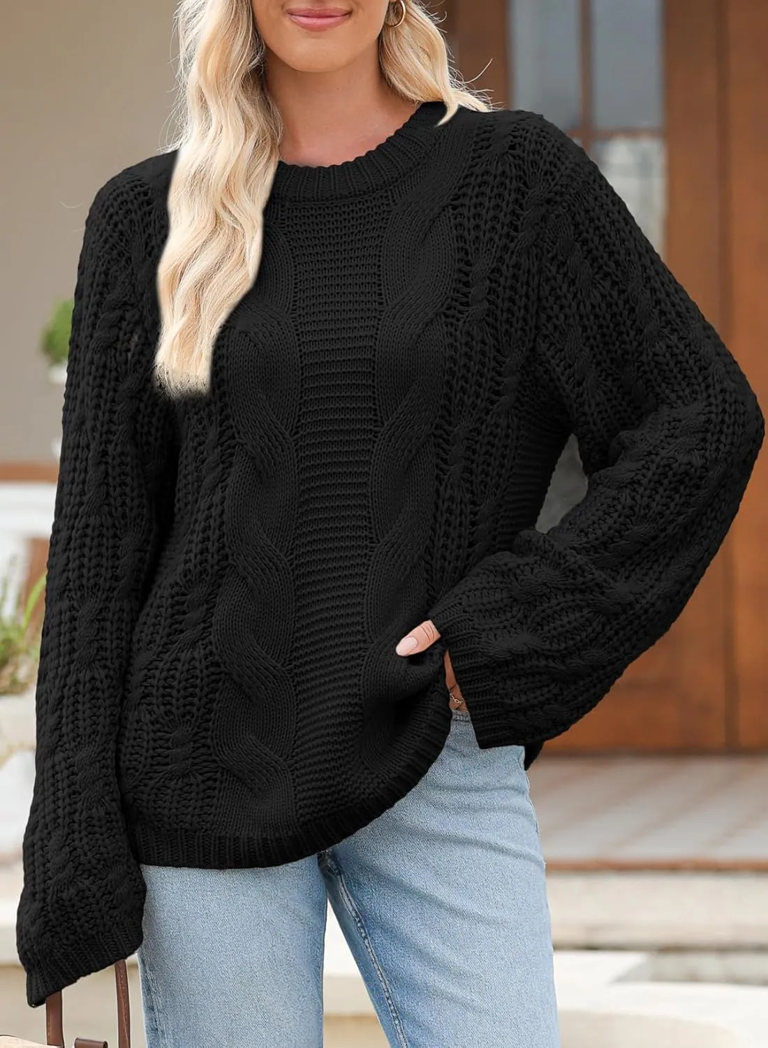 EVALESS Sweaters for Women 2024 Trendy Casual Crewneck Long Sleeve Cable Knit Pullover Sweaters Tops Fall Clothes