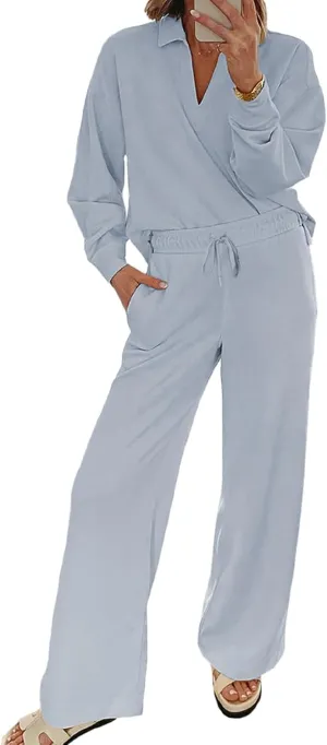 EVALESS Two Piece Sets for Women Lounge Sets V Neck Sweatshirt Wide Leg Sweatpants Women Outfits