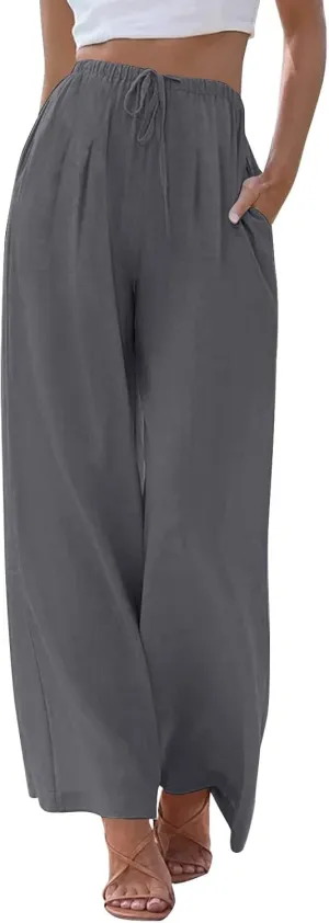 fanmpghleoo Wide Leg Palazzo Pants for Women Casual Drawstring Linen Pants Summer High Waisted Linen Trousers with Pockets