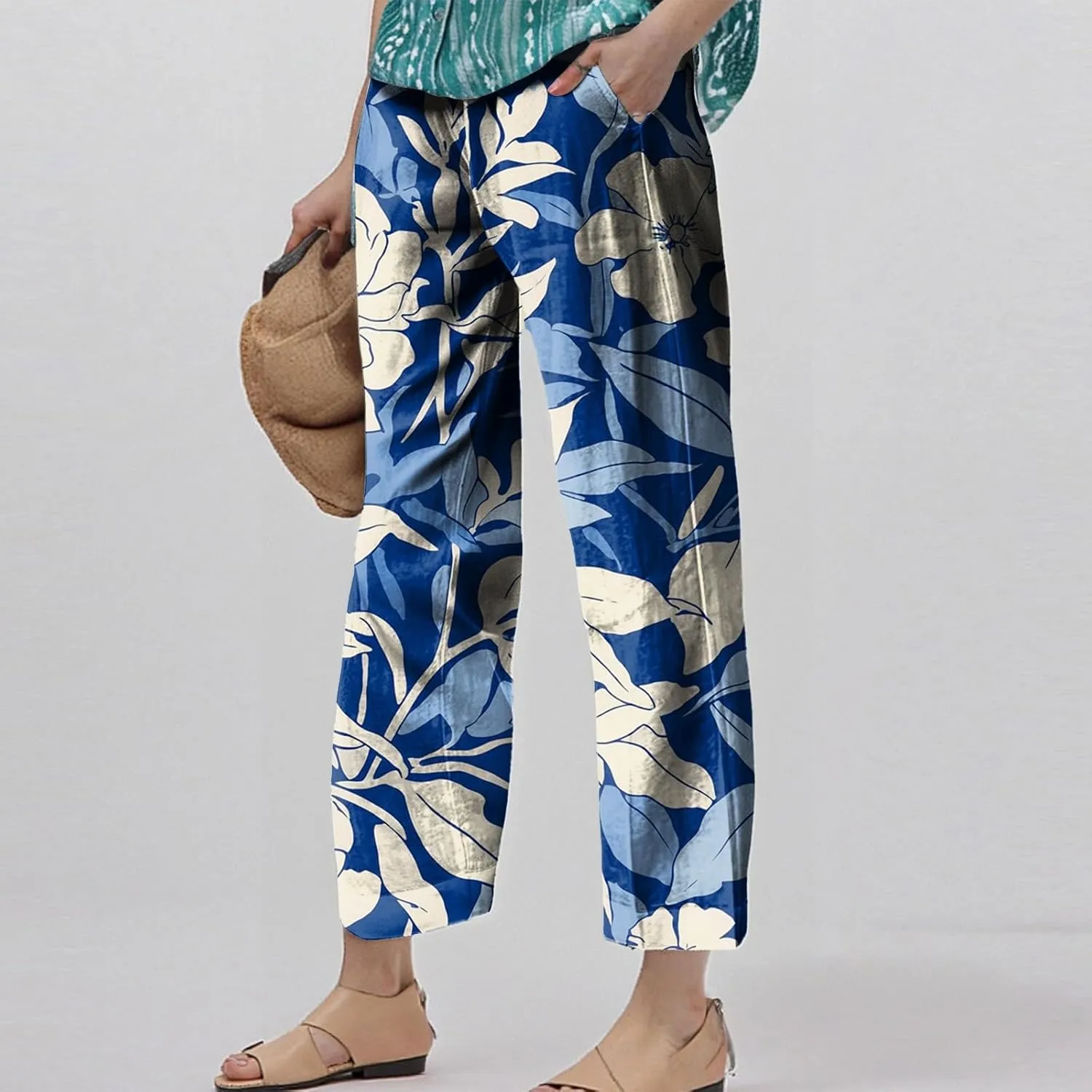 Flowy Pants for Women Boho Summer Linen Pants High Waisted Wide Leg Palazzo Pant Floral Beach Pant with Pockets