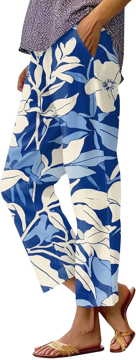 Flowy Pants for Women Boho Summer Linen Pants High Waisted Wide Leg Palazzo Pant Floral Beach Pant with Pockets