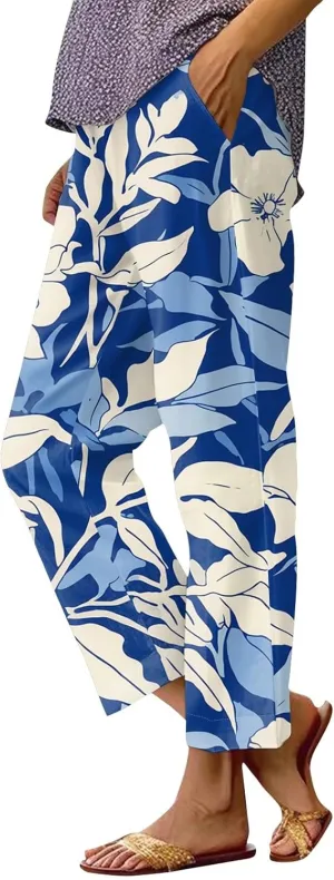 Flowy Pants for Women Boho Summer Linen Pants High Waisted Wide Leg Palazzo Pant Floral Beach Pant with Pockets