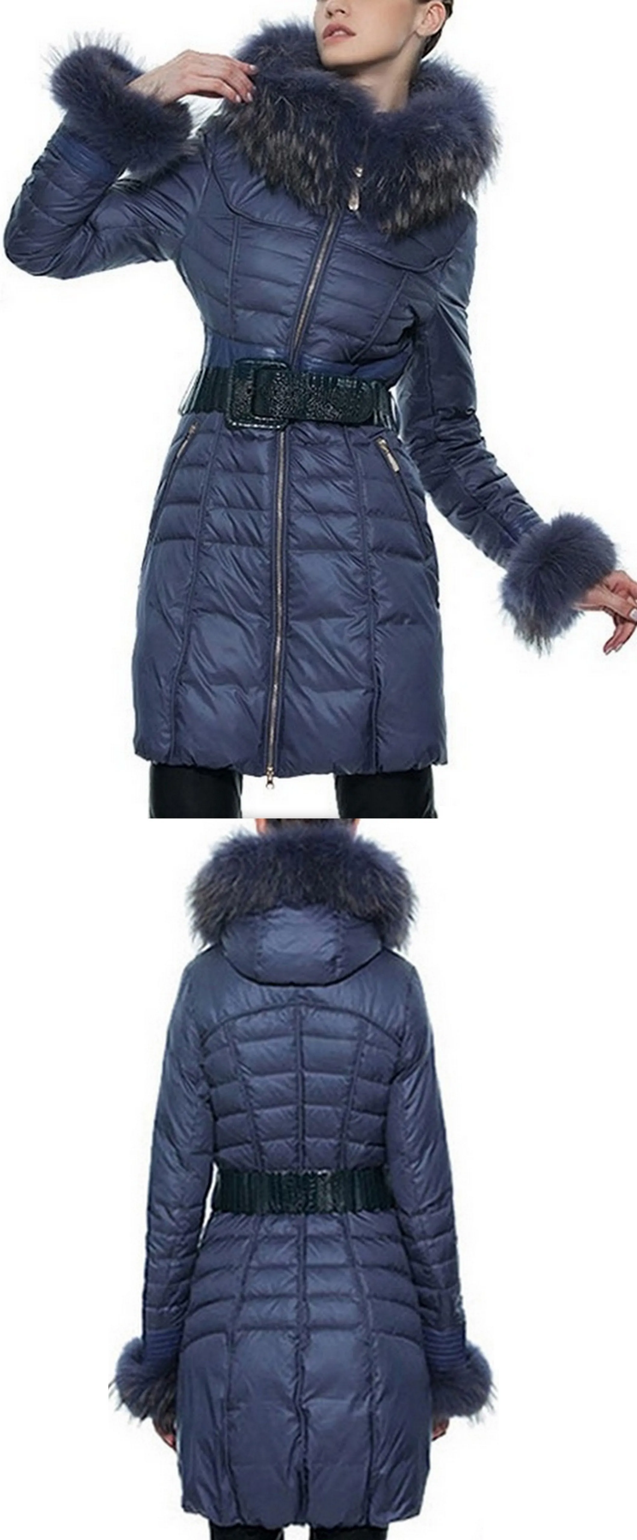Fur-Trim Paneled Puffer Coat, Blue