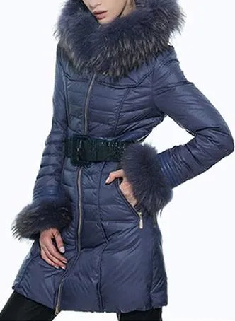 Fur-Trim Paneled Puffer Coat, Blue