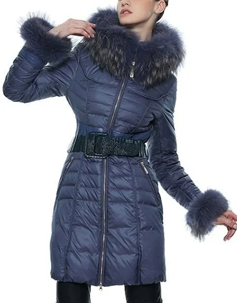Fur-Trim Paneled Puffer Coat, Blue