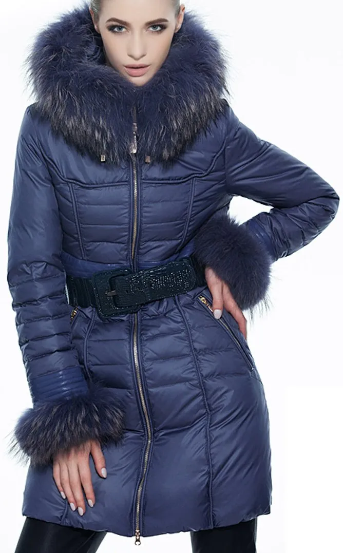 Fur-Trim Paneled Puffer Coat, Blue