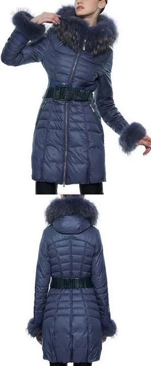 Fur-Trim Paneled Puffer Coat, Blue