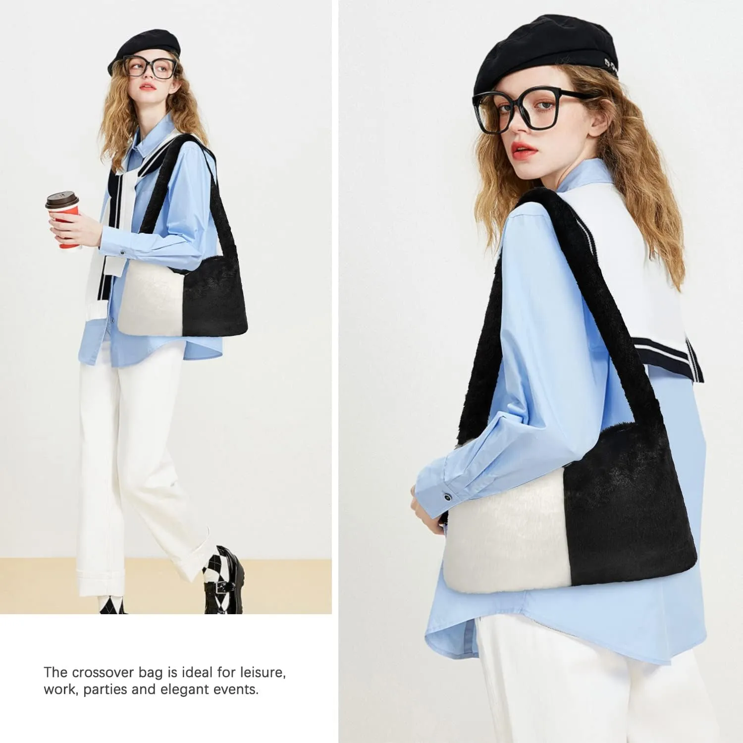 Fuzzy Tote Bag Y2K Fluffy Shoulder Bag Women Furry Purse Large Cute Plush Bag Ladies Faux Fur Bag for Autumn and Winter