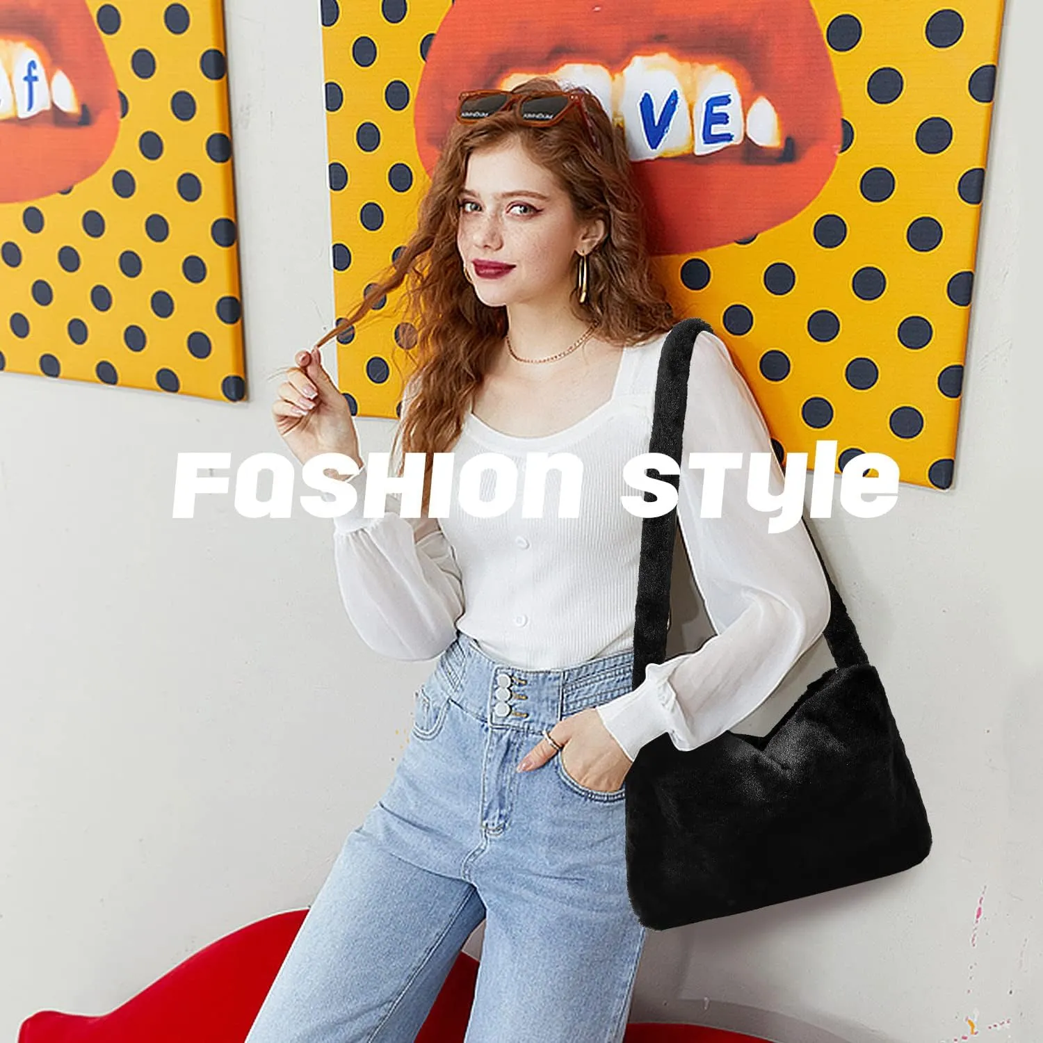Fuzzy Tote Bag Y2K Fluffy Shoulder Bag Women Furry Purse Large Cute Plush Bag Ladies Faux Fur Bag for Autumn and Winter