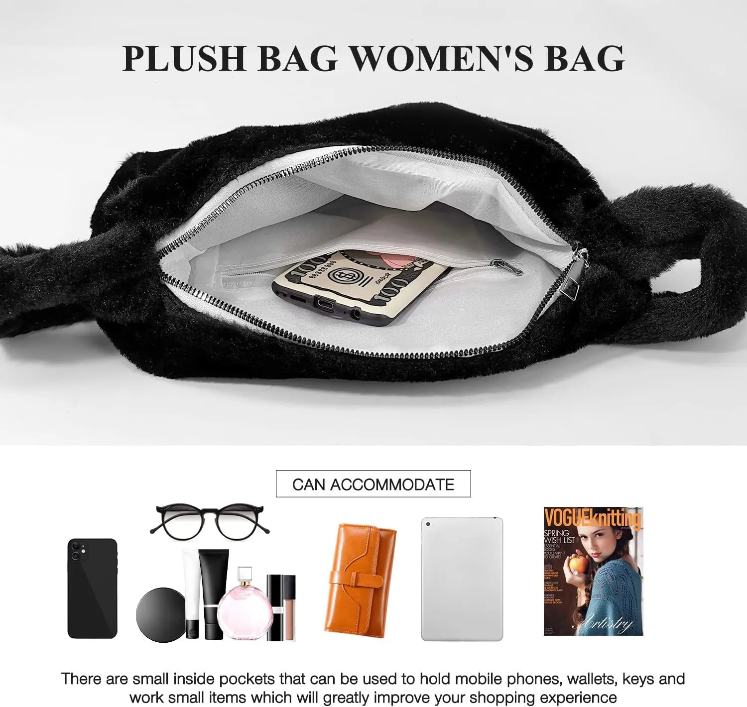 Fuzzy Tote Bag Y2K Fluffy Shoulder Bag Women Furry Purse Large Cute Plush Bag Ladies Faux Fur Bag for Autumn and Winter