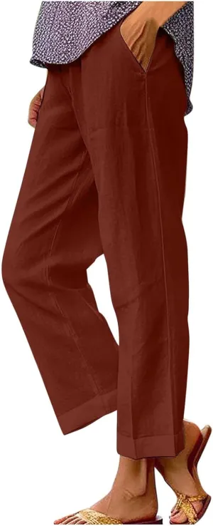 FZYLQY Cotton Linen Pants for Women Summer Elastic Waist Crop Pants Plus Size Straight Leg Slack Casual Trousers with Pocket