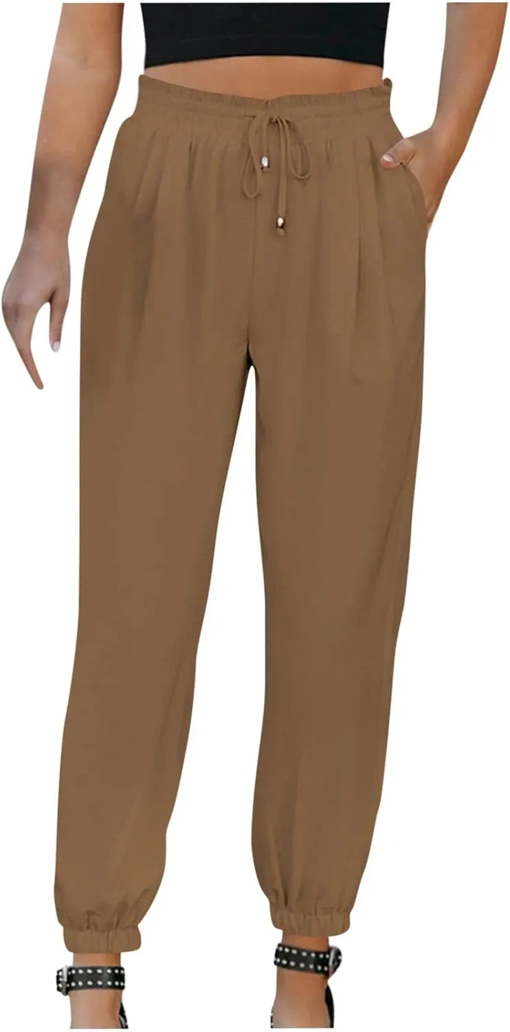 FZYLQY Womens 2025 Summer Casual Pants Drawstring Elastic High Waisted Work Trousers Joggers Trendy Harem Pants with Pockets