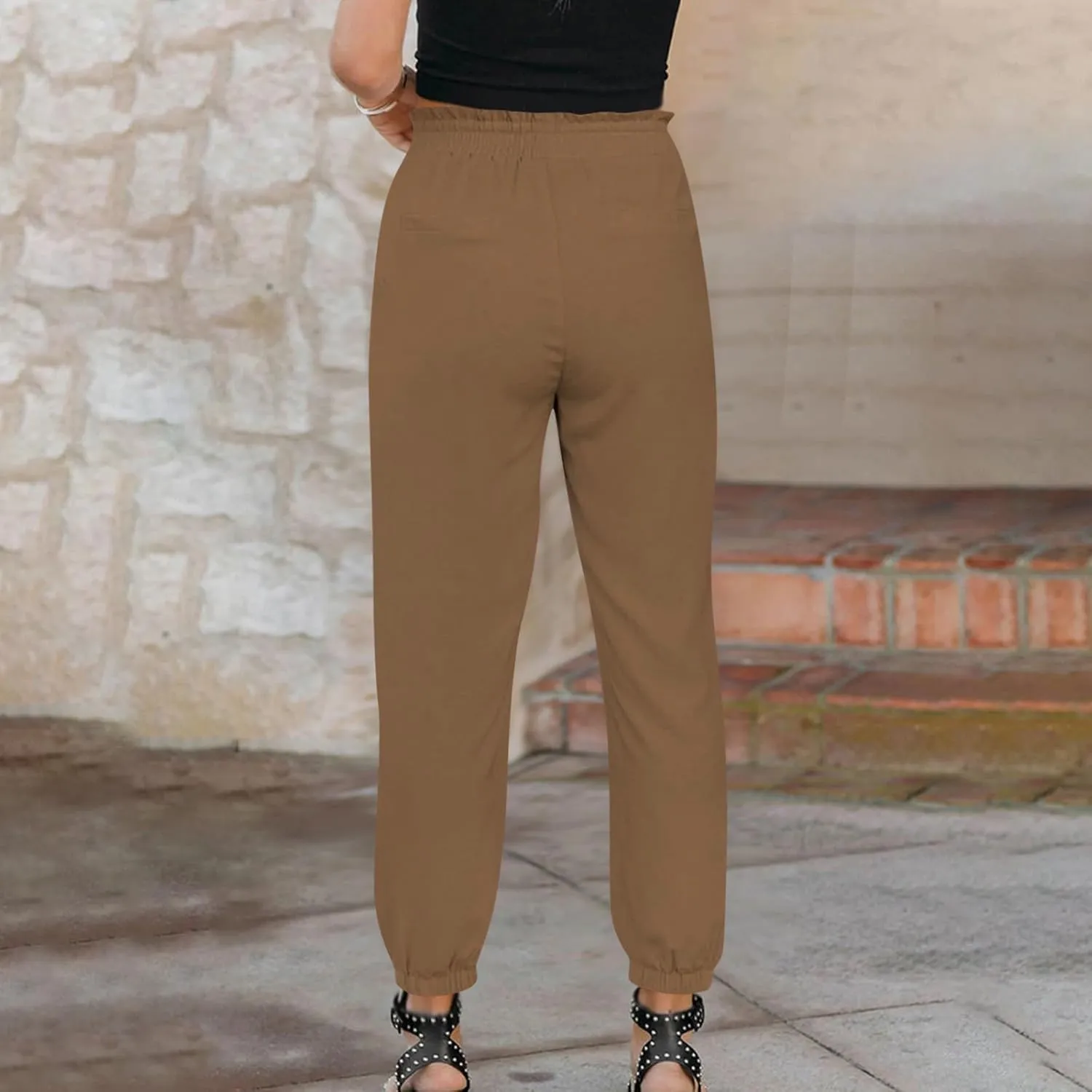 FZYLQY Womens 2025 Summer Casual Pants Drawstring Elastic High Waisted Work Trousers Joggers Trendy Harem Pants with Pockets