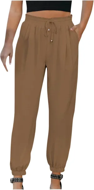 FZYLQY Womens 2025 Summer Casual Pants Drawstring Elastic High Waisted Work Trousers Joggers Trendy Harem Pants with Pockets