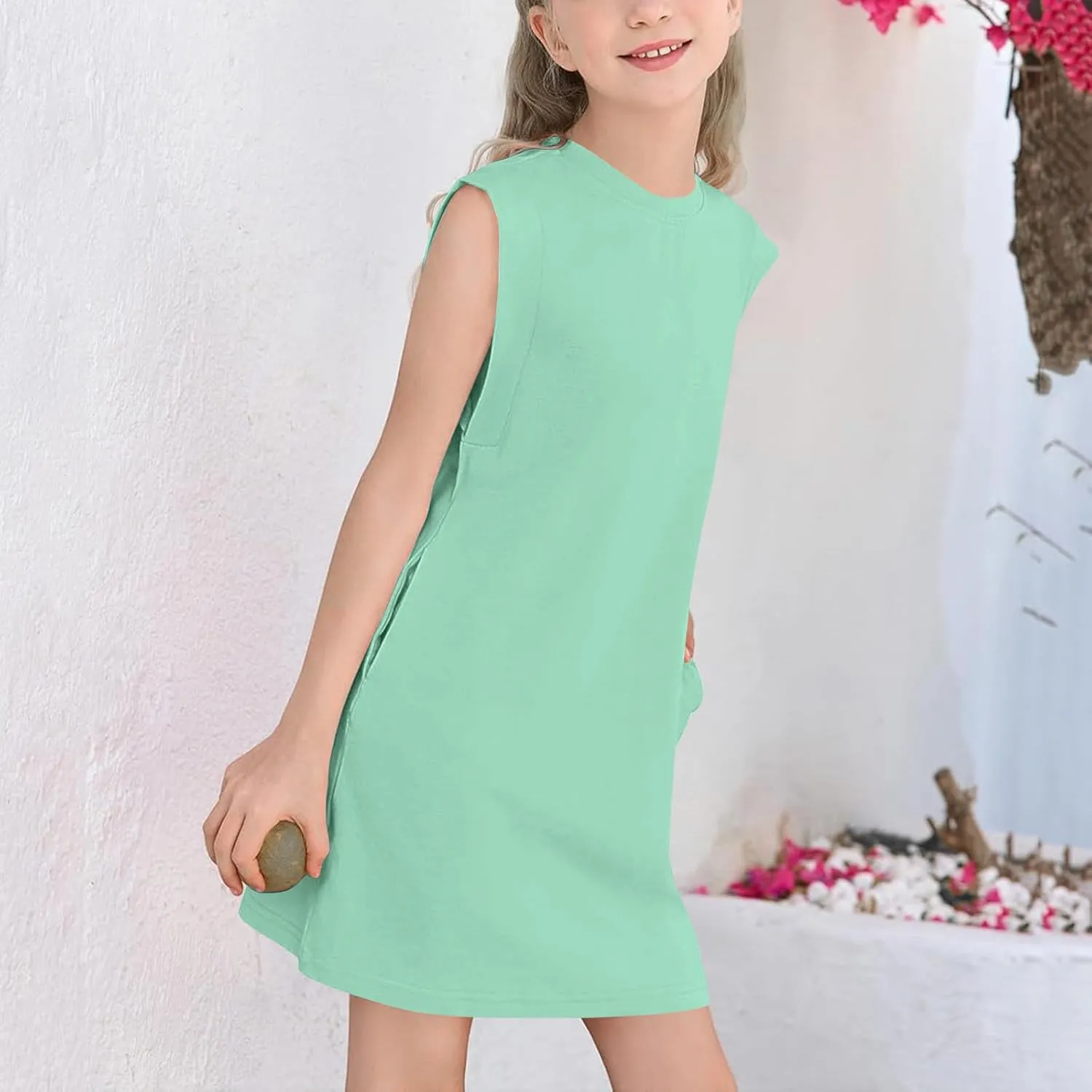 Girls Sleeveless Summer Dress Kids Casual Crewneck Loose Beach Short Mini Sundresses with Pockets 4-14 Years