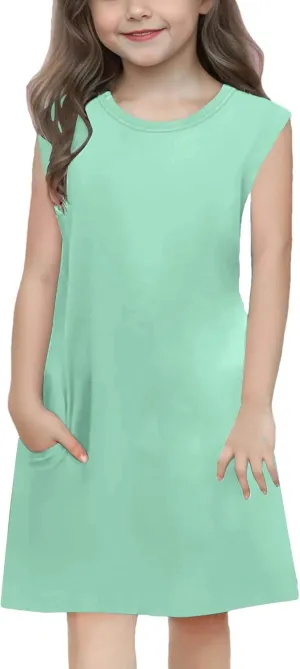 Girls Sleeveless Summer Dress Kids Casual Crewneck Loose Beach Short Mini Sundresses with Pockets 4-14 Years