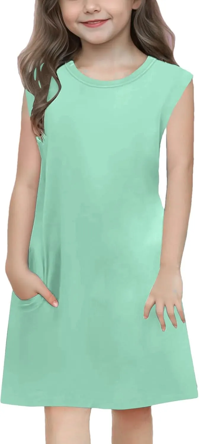Girls Sleeveless Summer Dress Kids Casual Crewneck Loose Beach Short Mini Sundresses with Pockets 4-14 Years