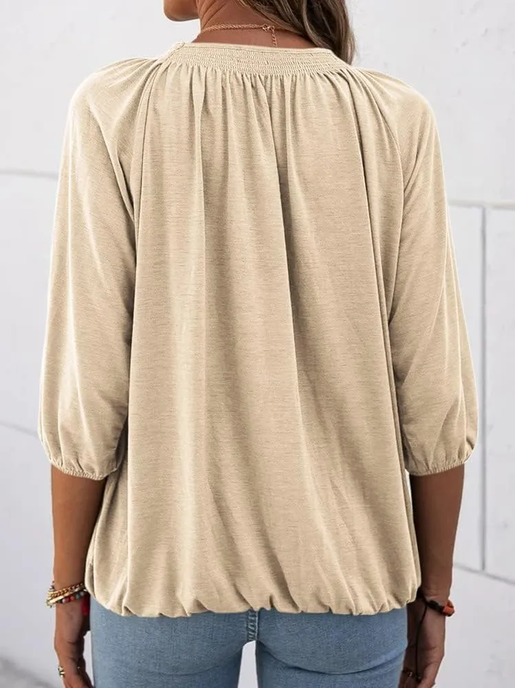 Grlasen Women's Solid Crew Neck T Shirt Blouse Cotton Half Sleeve 3/4 Sleeve Casual Loose Pleated Basic Tops