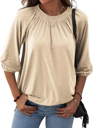 Grlasen Women's Solid Crew Neck T Shirt Blouse Cotton Half Sleeve 3/4 Sleeve Casual Loose Pleated Basic Tops