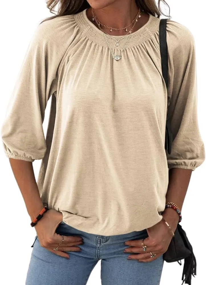Grlasen Women's Solid Crew Neck T Shirt Blouse Cotton Half Sleeve 3/4 Sleeve Casual Loose Pleated Basic Tops