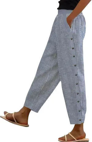 Hawaii Beach Pants for Women Casual Elastic High Waist Drawstring Pants Tropical Solid Color Summer Linen Trousers