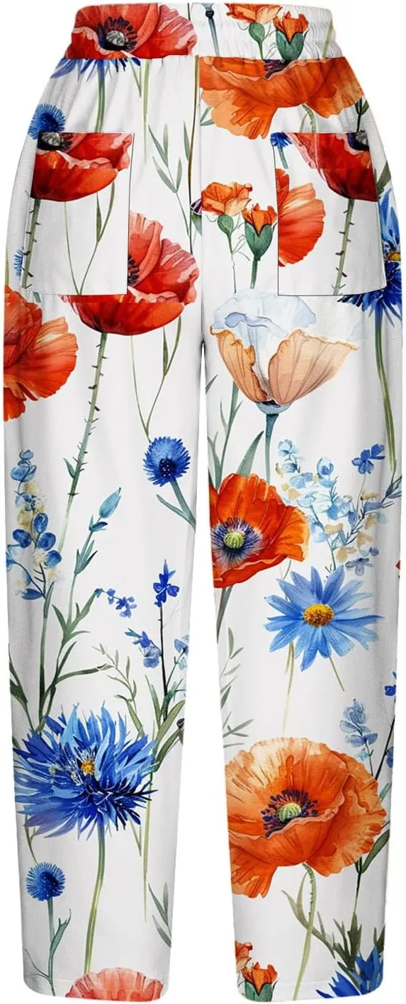 Hawaii Capri Pants for Women Casual Tropical Floral Print Pants Elastic High Waist Drawstring Summer Beach Trousers
