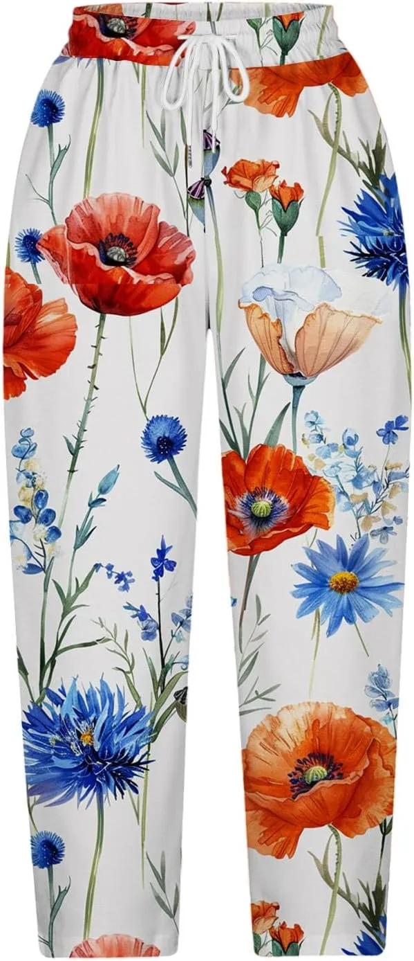 Hawaii Capri Pants for Women Casual Tropical Floral Print Pants Elastic High Waist Drawstring Summer Beach Trousers