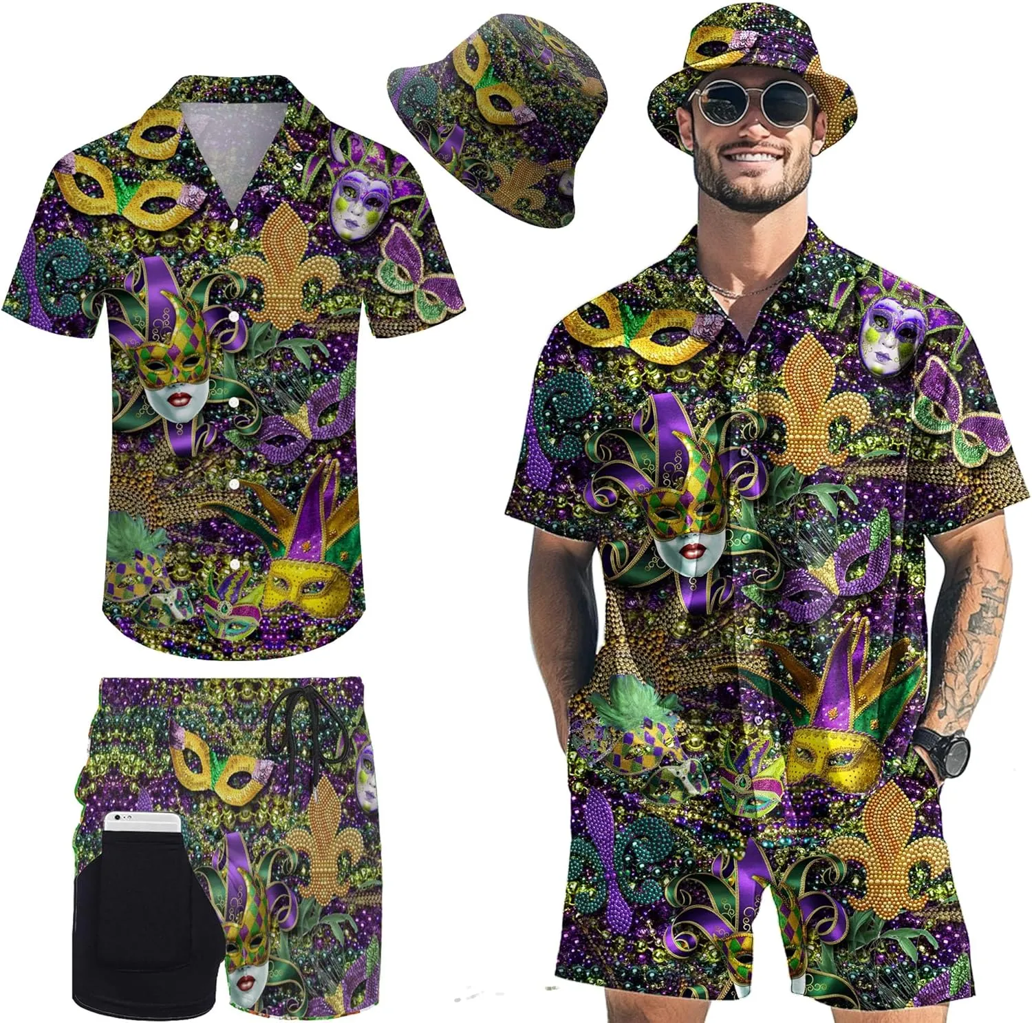 Hawaiian MenS 2 Piece Outfits Rave Duck Shirts Shorts Outfits Tropical Set with Hat
