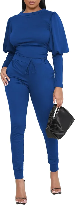 HBQ Women 2 Pieces Outfits Puff Sleeve Top And Jogger Pants Sweatpants Set Tracksuits