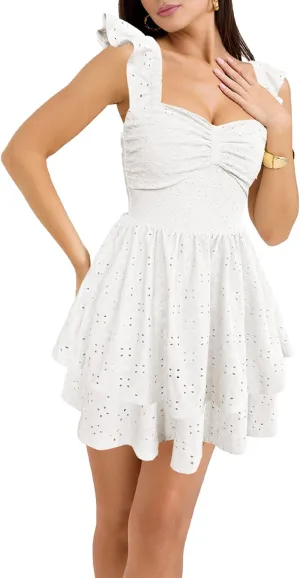 HESUUIO Women's Summer Mini Dress Elegant Backless Hollow Out Eyelets Layered Flowy Swing Short Party Dress Casual Sundress