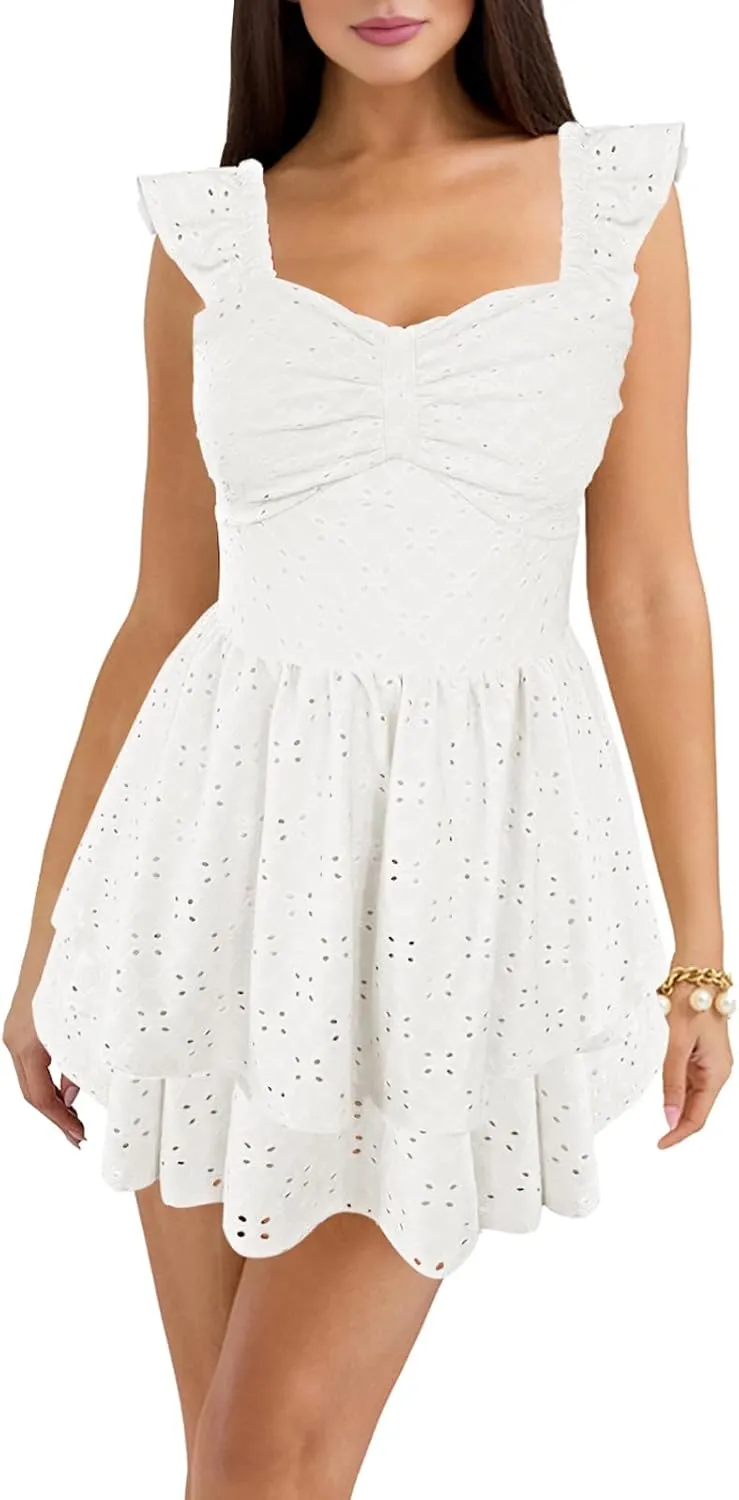 HESUUIO Women's Summer Mini Dress Elegant Backless Hollow Out Eyelets Layered Flowy Swing Short Party Dress Casual Sundress