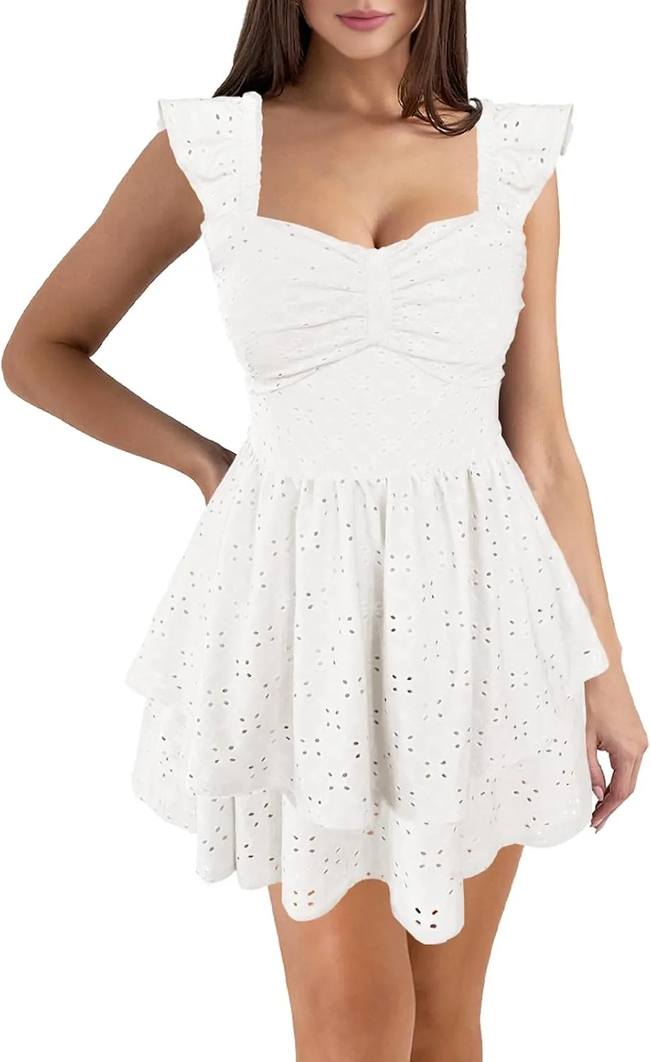 HESUUIO Women's Summer Mini Dress Elegant Backless Hollow Out Eyelets Layered Flowy Swing Short Party Dress Casual Sundress