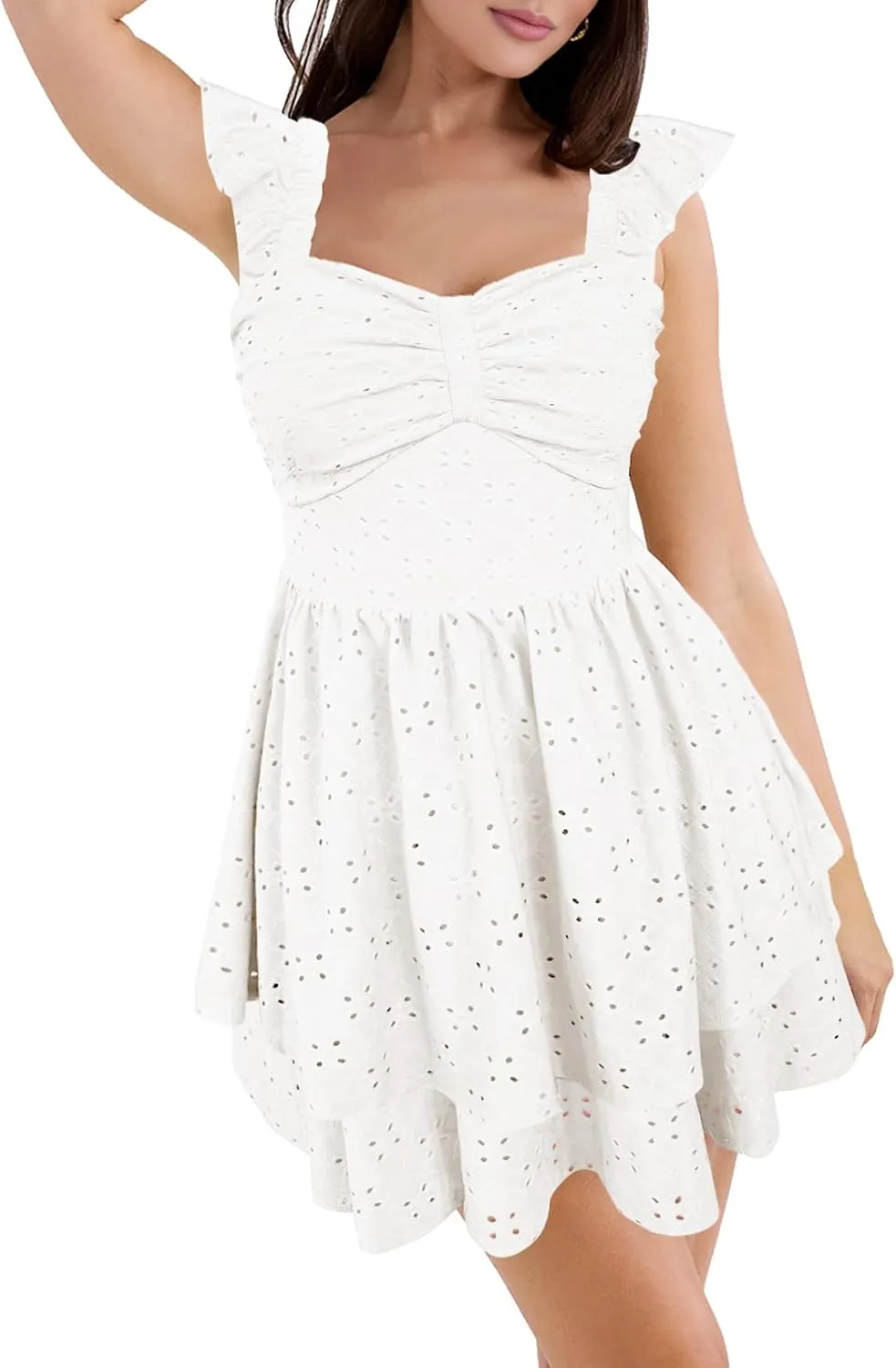 HESUUIO Women's Summer Mini Dress Elegant Backless Hollow Out Eyelets Layered Flowy Swing Short Party Dress Casual Sundress