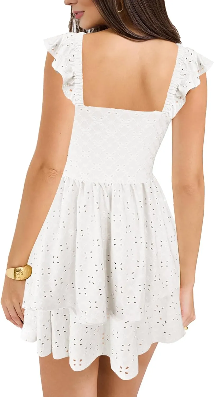 HESUUIO Women's Summer Mini Dress Elegant Backless Hollow Out Eyelets Layered Flowy Swing Short Party Dress Casual Sundress