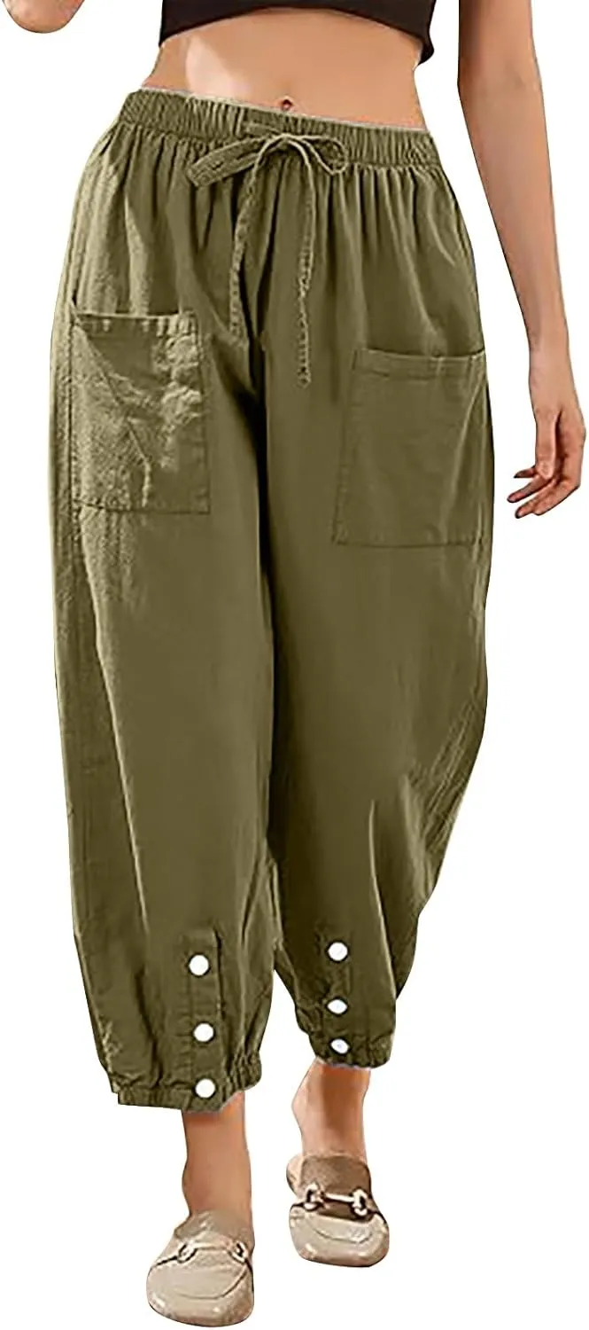 High Rise Linen Pants Women Summer Womens Linen Pant Long Length Tall Womans Drawstring Capris Trousers