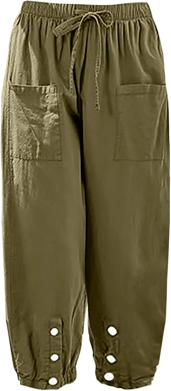 High Rise Linen Pants Women Summer Womens Linen Pant Long Length Tall Womans Drawstring Capris Trousers