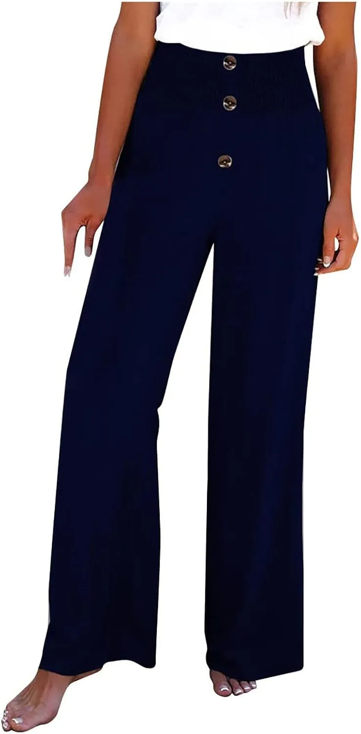 High Waist Cotton Linen Pants for Women Trendy Casual Summer Work Pants Wide Leg Button Beach Lounge Trousers