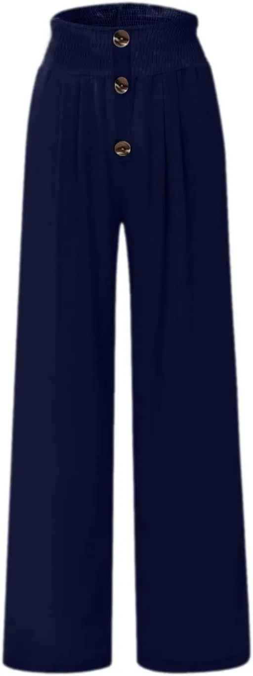 High Waist Cotton Linen Pants for Women Trendy Casual Summer Work Pants Wide Leg Button Beach Lounge Trousers