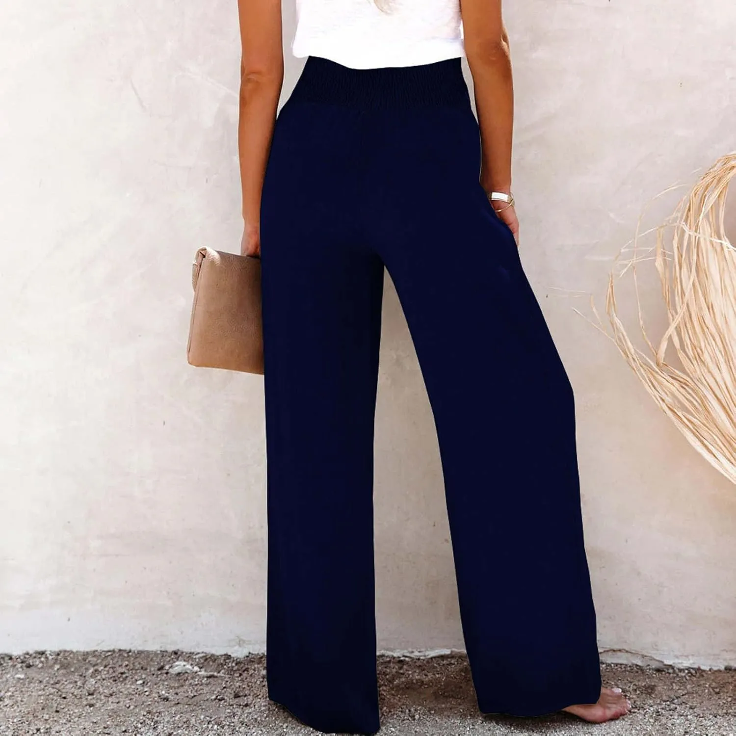 High Waist Cotton Linen Pants for Women Trendy Casual Summer Work Pants Wide Leg Button Beach Lounge Trousers