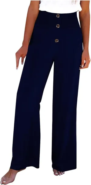 High Waist Cotton Linen Pants for Women Trendy Casual Summer Work Pants Wide Leg Button Beach Lounge Trousers