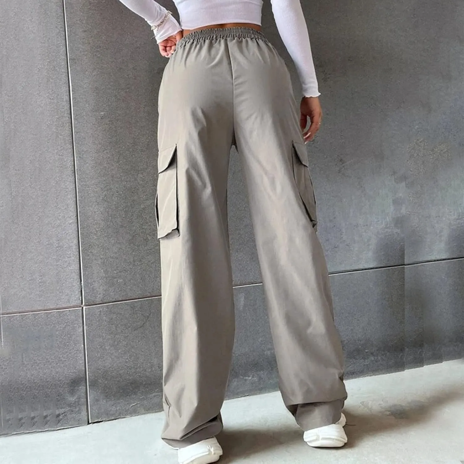 High Waisted Cargo Pants Women Elastic Waist Straight Wide Leg Trousers with Pockets Solid Color Casual Work Pants Plus Size