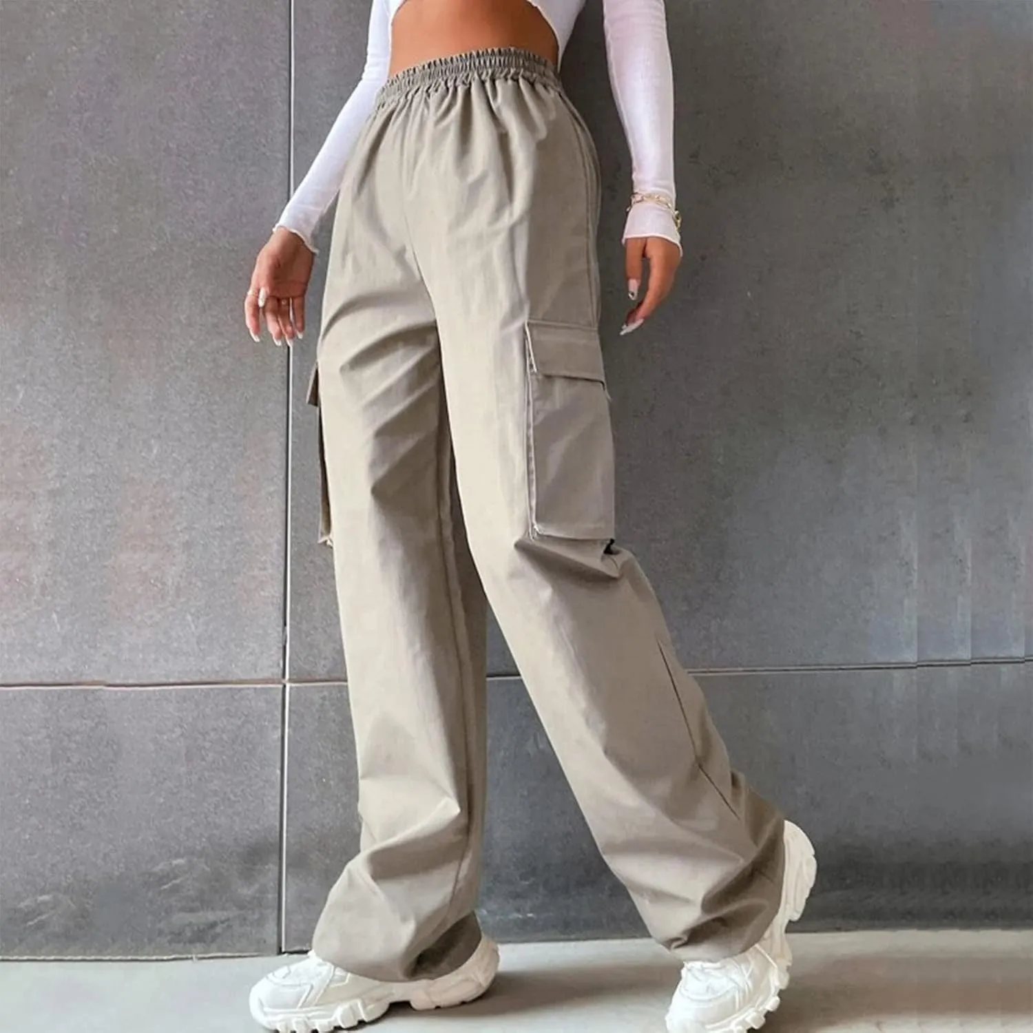 High Waisted Cargo Pants Women Elastic Waist Straight Wide Leg Trousers with Pockets Solid Color Casual Work Pants Plus Size