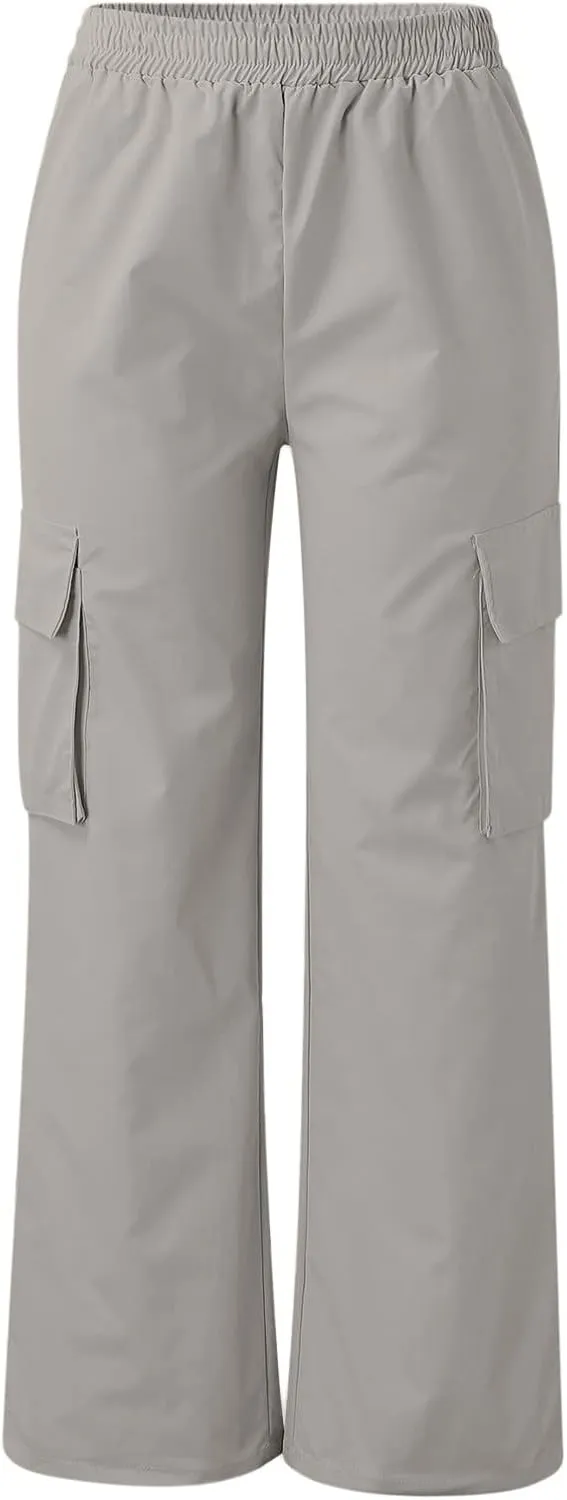 High Waisted Cargo Pants Women Elastic Waist Straight Wide Leg Trousers with Pockets Solid Color Casual Work Pants Plus Size