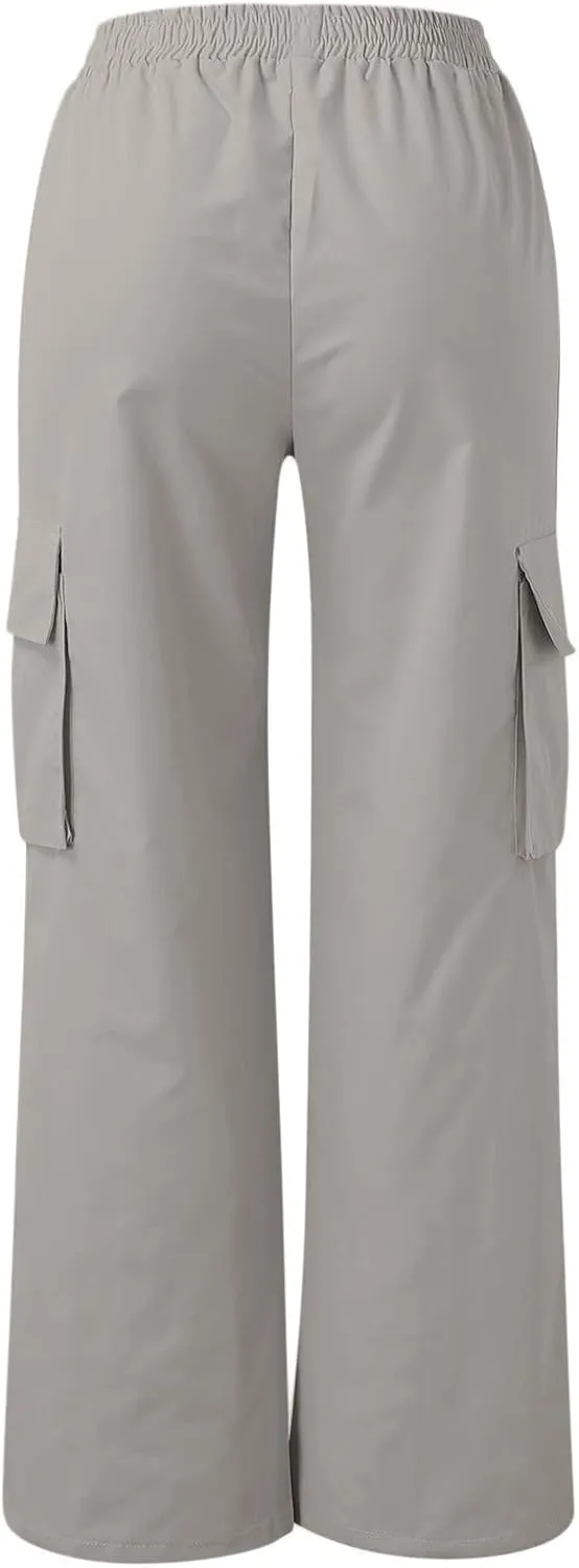 High Waisted Cargo Pants Women Elastic Waist Straight Wide Leg Trousers with Pockets Solid Color Casual Work Pants Plus Size
