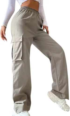 High Waisted Cargo Pants Women Elastic Waist Straight Wide Leg Trousers with Pockets Solid Color Casual Work Pants Plus Size